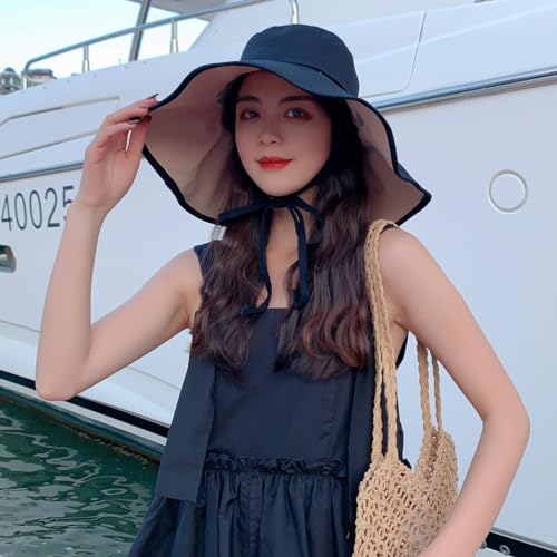 HUAMULAN Women Summer Vacation Wide Brim Sun Hat Reversible Fishing Hats - color: M0004-khakiblack