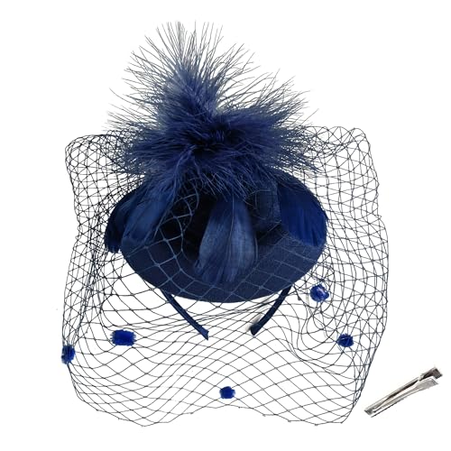 Fascinator Hats for Women Tea Party Veil Feather Fancy Pillbox Hat 20s 50s - color: Navy