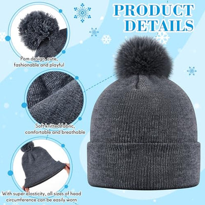 Geyoga 2 Pcs Pom Beanie Hat Men Women Winter Hat Pom Knit Cap Beanies with Ball at Top Acrylic Winter Cap with Cuff - color: Black, Dark Grizzled Grey, style: Classical