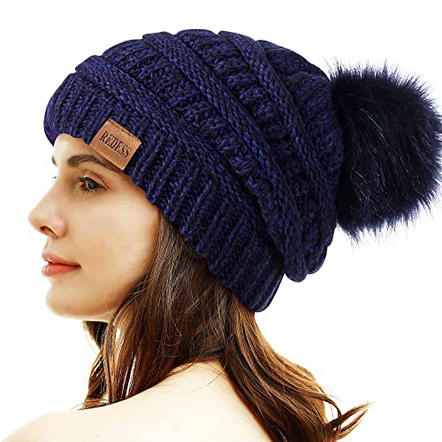 REDESS Women Winter Pom Pom Beanie Hat with Warm Fleece Lined - color: Navy