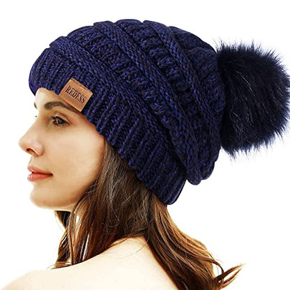 REDESS Women Winter Pom Pom Beanie Hat with Warm Fleece Lined - color: Navy