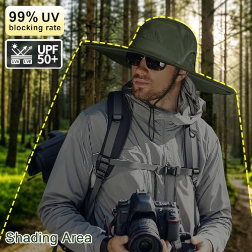 Cooltto L/XL/XXL Wide Brim Sun Hat UPF 50+ UV Protection Boonie Hat - color: Army Green, size: Medium-Large