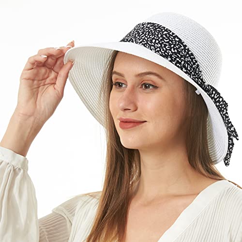 Womens Straw Sun Hat Summer Beach Wide Brim UV Protection Hats with Chin Strap Floppy Foldable Cute Bowknot UPF 50 Cap - color: Leopard White