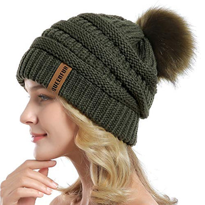 Women Knit Slouchy Beanie Chunky Baggy Hat with Faux Fur Pompom Winter Soft Warm Ski Cap - color: B5-dark Olive