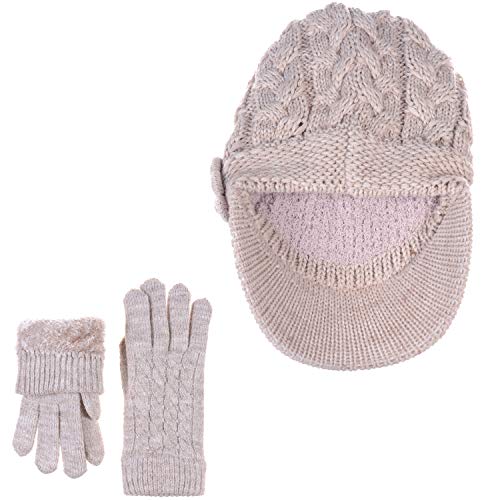 Womens Winter Elegant Cable Flower Knitted Newsboy Cabbie Cap Beret Beanie Hat with Visor, Warm Plush Fleece Lined - color: Lt. Beige Cable Flower-hat Gloves Set