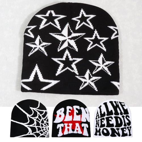 Y2K Beanie for Men Women Cross Graphic Knitted Hat, Slouchy Winter Warm Cap, Grunge Goth Cyber Aesthetics, Black - color: Black-red-white2
