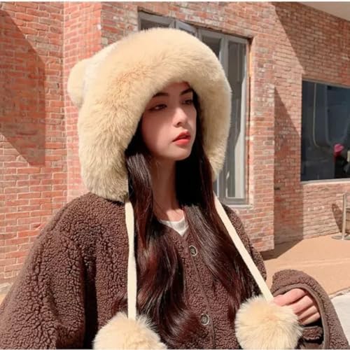 Winter Pompom Beanie Hats for Women Fluffy Knit Skull Cap Womens Faux Fur Crochet Warm Bucket Outdoor Ear Cover - color: Khaki