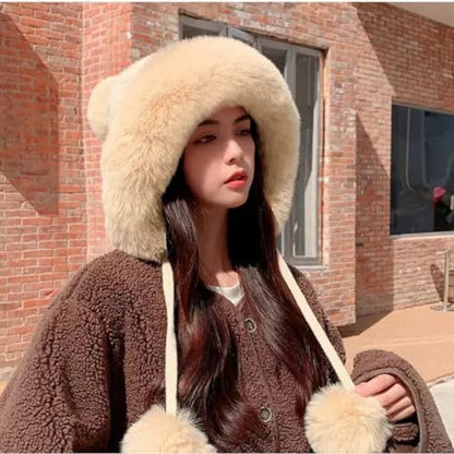 Winter Pompom Beanie Hats for Women Fluffy Knit Skull Cap Womens Faux Fur Crochet Warm Bucket Outdoor Ear Cover - color: Khaki