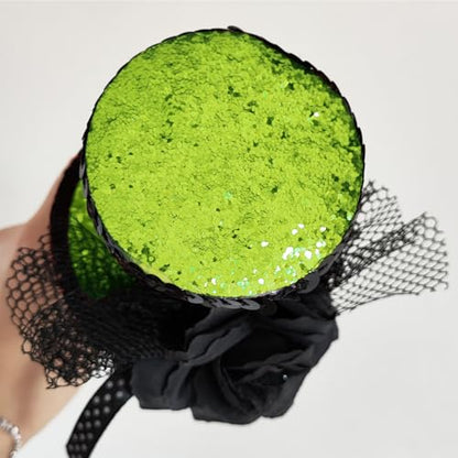 WLBON Halloween Mini Top Hat Headband 1920s Flower Sequins Hair Hoops Bands Fascinator Headpiece Hairband Women Christmas Holiday Festival Parade Cosplay Dress Up Birthday Tea Party Accessories Green - color: Green Tone