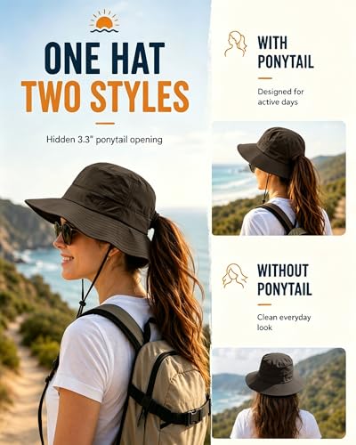 Womens Ponytail Sun Hat UPF50+ Waterproof Bucket Hat Packable Beach Hat - color: Coffee