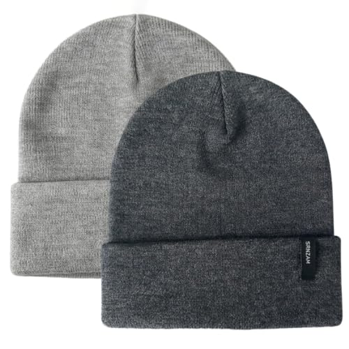 2 Pack Beanie for Men Women Warm Knit Winter Hat Soft Cuffed Cap - color: Heather Grey + Dark Grey