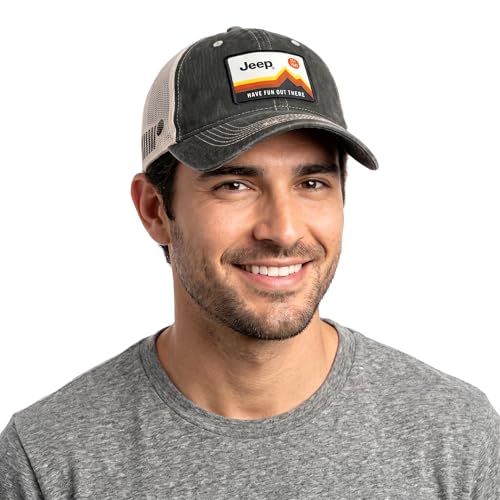 Jeep Have Fun Out There Patch Garment Washed Trucker Hat Unstructured for Men & Women - Adjustable Snapback Baseball Cap - color: Black