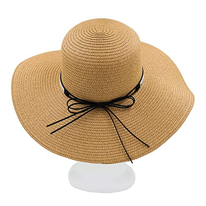 4.5" Wide Brim Foldable UPF50 Rhinestone Trim Floppy Summer Straw Sun Beach Hat - color: Tan