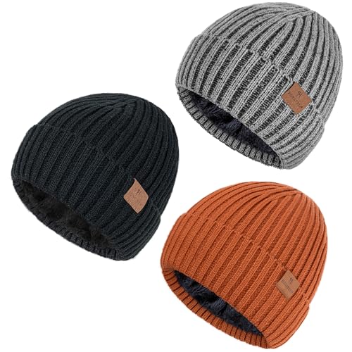 HONGTEYA 3 Pack Winter Beanie for Men Women, Thicken Thermal Plush Lined Beanie Fashion Warm Knit Hat for Cold Weather - color: Black+gray+brown