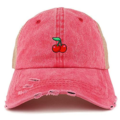 Trendy Apparel Shop Cherry Patch Pigment Dyed Mesh Back Frayed Bill Trucker Cap - color: Red