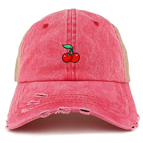 Trendy Apparel Shop Cherry Patch Pigment Dyed Mesh Back Frayed Bill Trucker Cap - color: Red