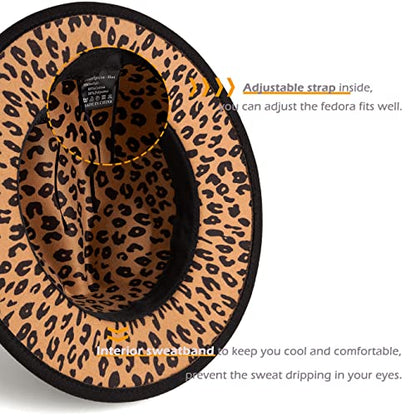 Women Two Tone Wide Brim Fedora Felt Panama Hat - color: Square Buckle-black Leopard