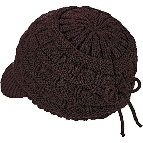 BYOS Womens Winter Chic Cable Warm Fleece Lined Crochet Knit Hat W/Visor Newsboy Cabbie Cap - color: Basket Woven-dark Brown
