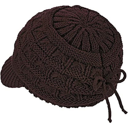 BYOS Womens Winter Chic Cable Warm Fleece Lined Crochet Knit Hat W/Visor Newsboy Cabbie Cap - color: Basket Woven-dark Brown