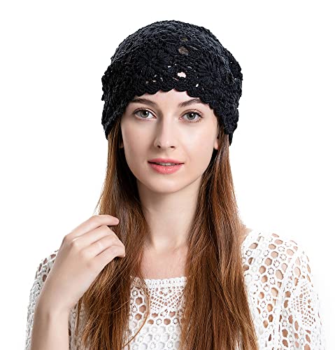 ZLYC Women Cotton Crochet Slouchy Beanie Hat Handmade Knit Summer Skull Cap - color: Solid Black