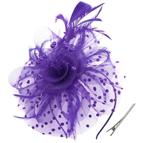 WLBON Fascinators Hat 20s 50s Headband Hair Clips Flower Mesh Veil Feather Headpiece Headwear Women Halloween Carnival Cocktail Wedding Church Cosplay Dress Up Birthday Tea Party Accessories Purple - color: Purple Tone