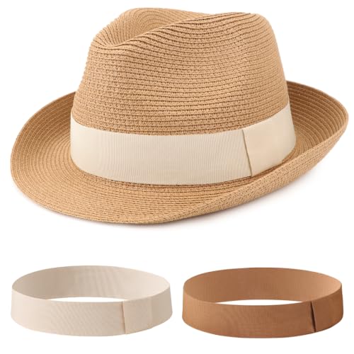 DRESHOW Women Straw Panama Hat Travel Fedora Beach Sun Hat Summer Wide Brim Straw Roll up Hat UPF 50+ - color: 1 Pc Roll Up Hat: Khaki + 2 Replaceable Bands（khaki, Beige)