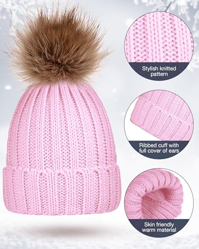 Syhood 4 Pcs Hat and Glove Set Winter Beanie and Glove Set - color: Gray and Pink