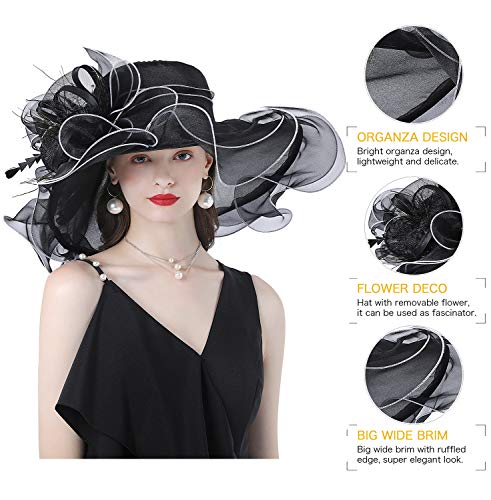 Z&X Women Organza Church Derby Hat Wide Brim Sun Hats for Wedding Tea Party Fascinator Hat, Dual-use - color: 2003- Black
