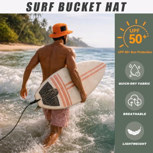 Surblue Surf Bucket Hat with Widened Chin Straps UPF 50+ Windproof Sun Hat Adjustable Packable Cap for Water Sports Surfing - color: Orange