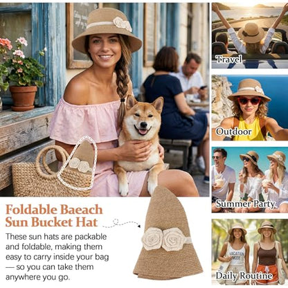 Ababalaya Elegant Straw Sun Hat with Handmade Crochet Flowers - color: Beige