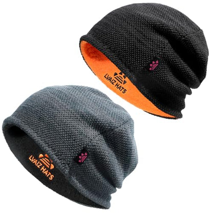 2 Pack Fleece Lined Beanie Hat Reversible Knit Skull Cap for Men Women - color: Black+mix Black