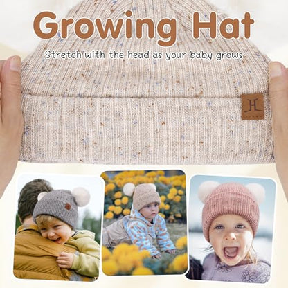 FZ FANTASTIC ZONE Toddler Kids Winter Hat Beanie Pompom Warm Fleece Baby Hats 0-6 12 Months 1 2 3 4 Year Old Girls Boys Gifts - color: Beige