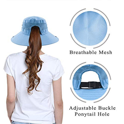 Muryobao Women's Ponytail Sun Hat UV Protection Foldable Mesh Wide Brim Beach Fishing Hat - color: Pure Sky Blue