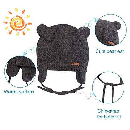 BAVST Baby Beanie Hat for Winter with Earfalp Cute Bear Kids Toddler Girls Boys Warm Knit Cap 0-2Years - color: Bear Ear 2-grey-dark, size: 6-12 Months