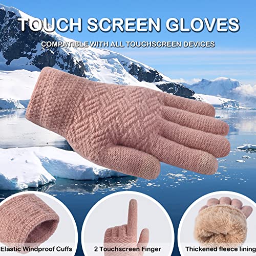 3 Pcs Women Winter Knit Beanie Hat Scarf Touchscreen Gloves Set Warm Soft Thick Fleece Lined Skull Cap with Double Pom Pom - color: Pink