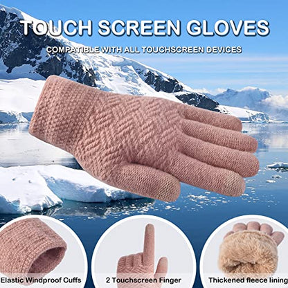 3 Pcs Women Winter Knit Beanie Hat Scarf Touchscreen Gloves Set Warm Soft Thick Fleece Lined Skull Cap with Double Pom Pom - color: Pink