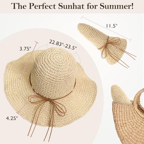 Beach Sun Straw Hats for Women Floppy Wide Brim UV Packable Summer - color: Beige