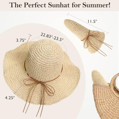 Beach Sun Straw Hats for Women Floppy Wide Brim UV Packable Summer - color: Beige