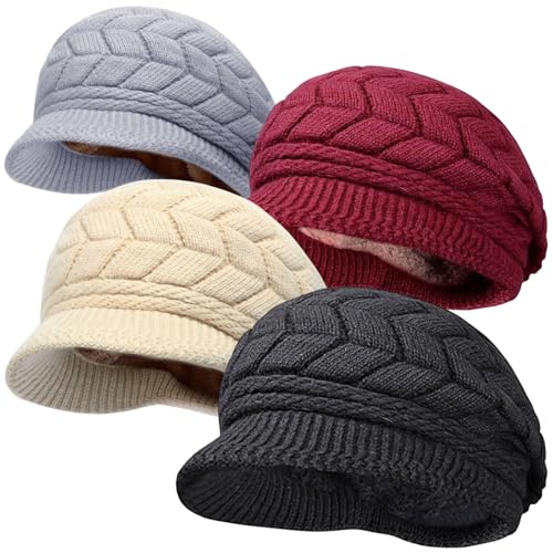 stablerice 4 Pack Womens Winter Beanie Hats Thick Warm Knit Hat with Visor Brim Wool Snow Ski Caps Chunky Soft Slouchy Cap - color: Black, Red, Gray, Beige