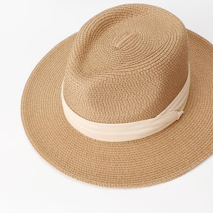 DRESHOW Women Straw Panama Hat Travel Fedora Beach Sun Hat Summer Wide Brim Straw Roll up Hat UPF 50+ - color: Panama Straw Hat: Khaki (Beige Ribbon)