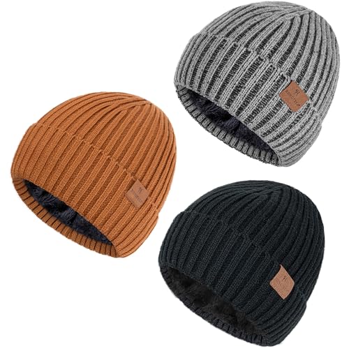 HONGTEYA 3 Pack Winter Beanie for Men Women, Thicken Thermal Plush Lined Beanie Fashion Warm Knit Hat for Cold Weather - color: Black+gray+caramel Brown