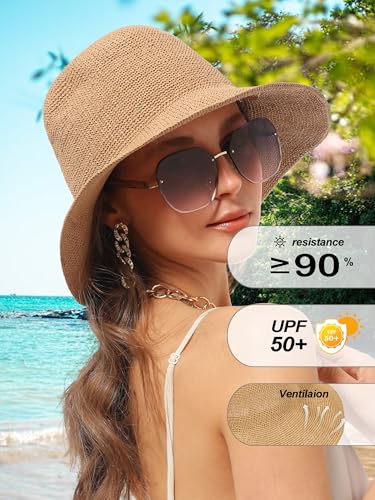 Womens Sun Hat Handmade Foldable Straw Bucket Hat Summer Crochet Travel Cap - color: Khaki, size: Small