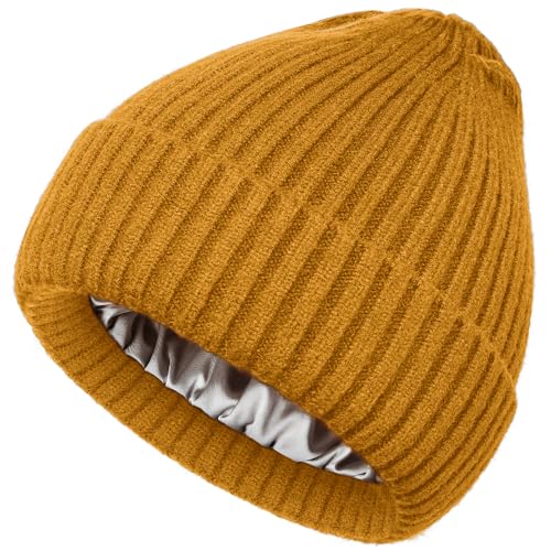 Satin Lined Wool Acrylic Blend Beanie Hat Women Men, Winter Knit Cap - color: Yellow