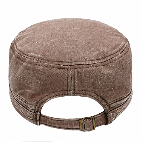 Unisex Cadet Army Cap Adjustable Flat Top Cap Washed Cotton Military Hat Baseball Cap - color: Brown