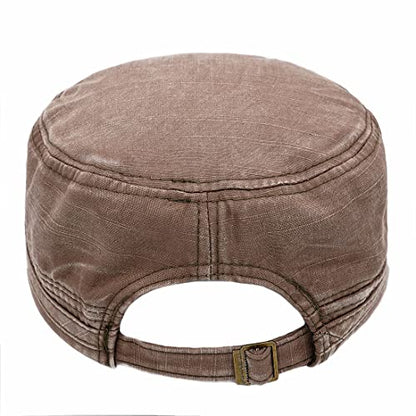 Unisex Cadet Army Cap Adjustable Flat Top Cap Washed Cotton Military Hat Baseball Cap - color: Brown