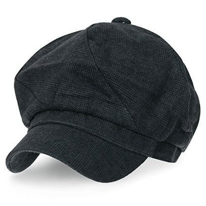 ililily Washed Cotton Newsboy Cabbie Cap Corduroy Duck Bill Flat Hunting Hat - color: Shadow Grey Check