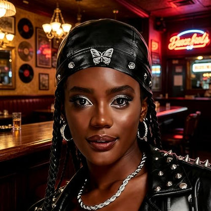 Leather Biker Skull Cap for Women Adjustable Skull Motorcycle Hat with Snug Fit, Stylish Biker Head Wrap & Riding Cap - color: Butterfly