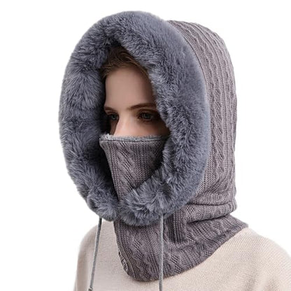 Women’s Knitted Beanie Hat with Face Cover - 3 in 1 Winter Balaclava with Mask Scarf Ear Muffs Pompom Fleece Lined Snow Caps - color: Grey-c