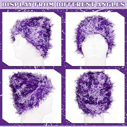 Chuarry Distressed Knitted Beanie Fuzzy Winter Hat - color: Assorted Purple White