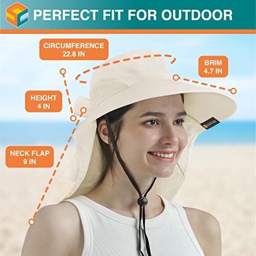 SUN CUBE Wide Brim Sun Hat with Neck Flap for Men Women, UPF50+ Fishing - color: Beige With Bow